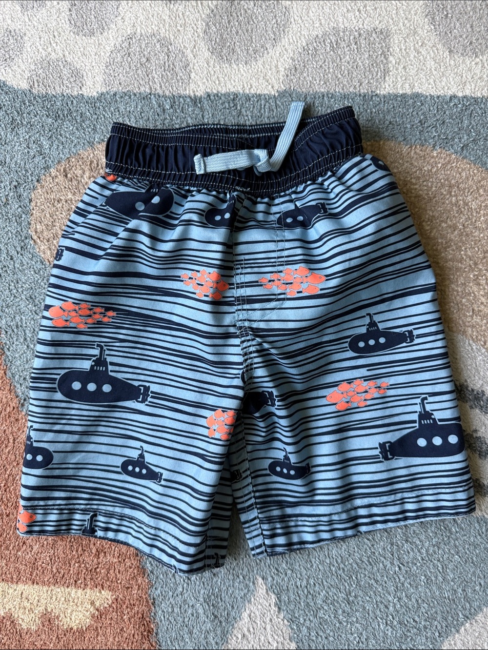okie dokie Light Blue Submarine Print Swim Shorts with Orange Fish